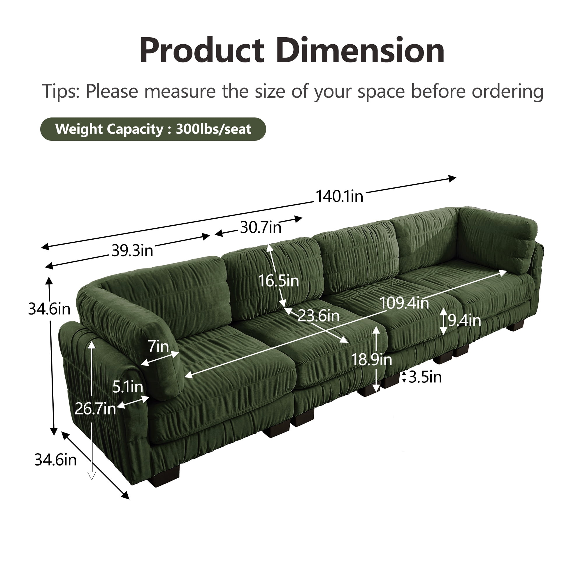 140" 4 Seat Ruched Chenille Modular Sectional Sofa with L Shape Back Cushions,Easy Assembly