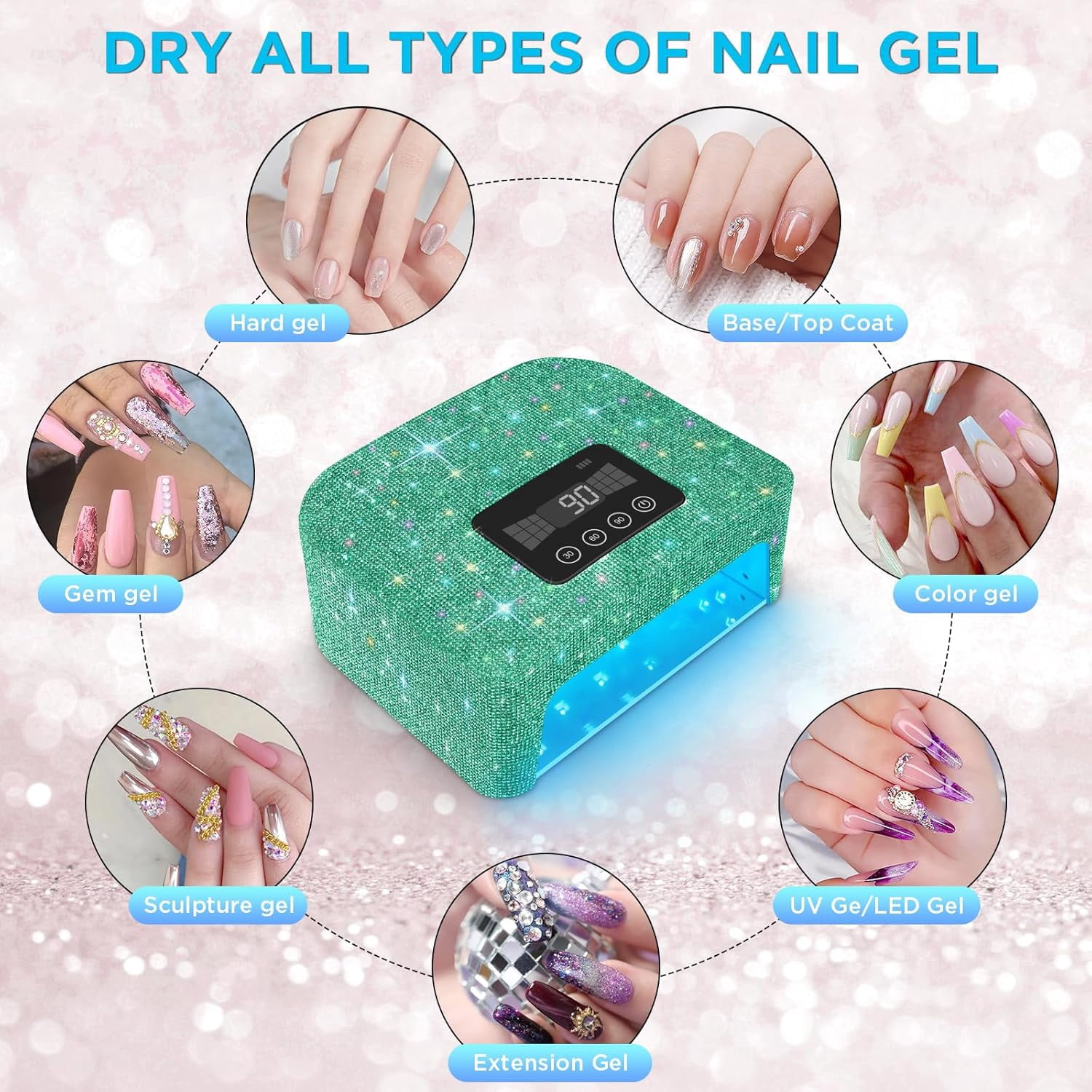 Cordless UV Nail Lamp, 120W Rechargeable UV Light for Nails, Nail Dryer with 4 Timer Modes, LED Nail Lamp Fully Decorate with Sparkling Nail Rhinestones Diamond (Green)