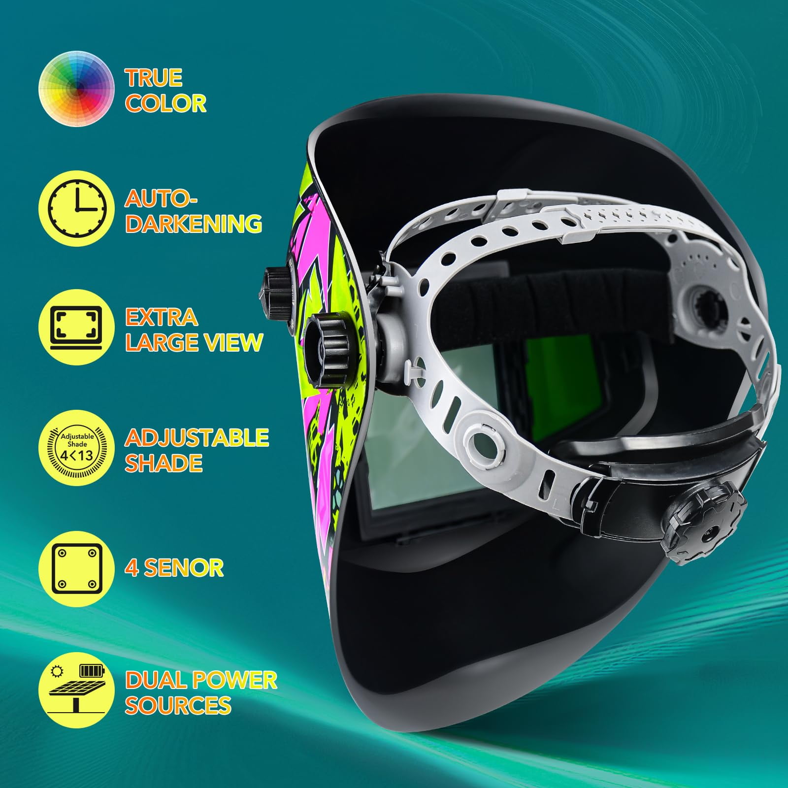 TRQWH Welding Helmet Auto Darkening Large Viewing True Color Solar Powered Welding Mask with 4 Arc Sensor Adjustable Wide Shade Range 4~5-8/9-13 Welder Mask with Grinding