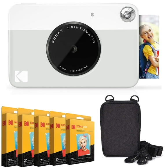 Kodak Printomatic Instant Camera Bundle with Zink Photo Paper 100-Pack & Case (Gray)