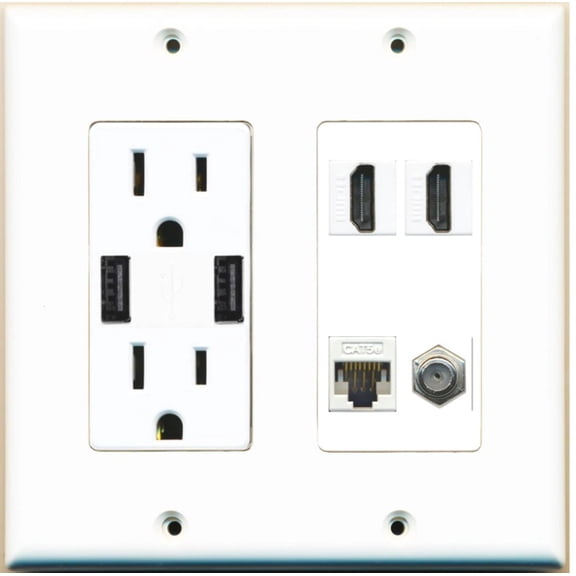 Ultra Spec Cables 2 Port HDMI Coax Cat6 Ethernet Wall Plate w/2 USB-Charger Power Outlet
