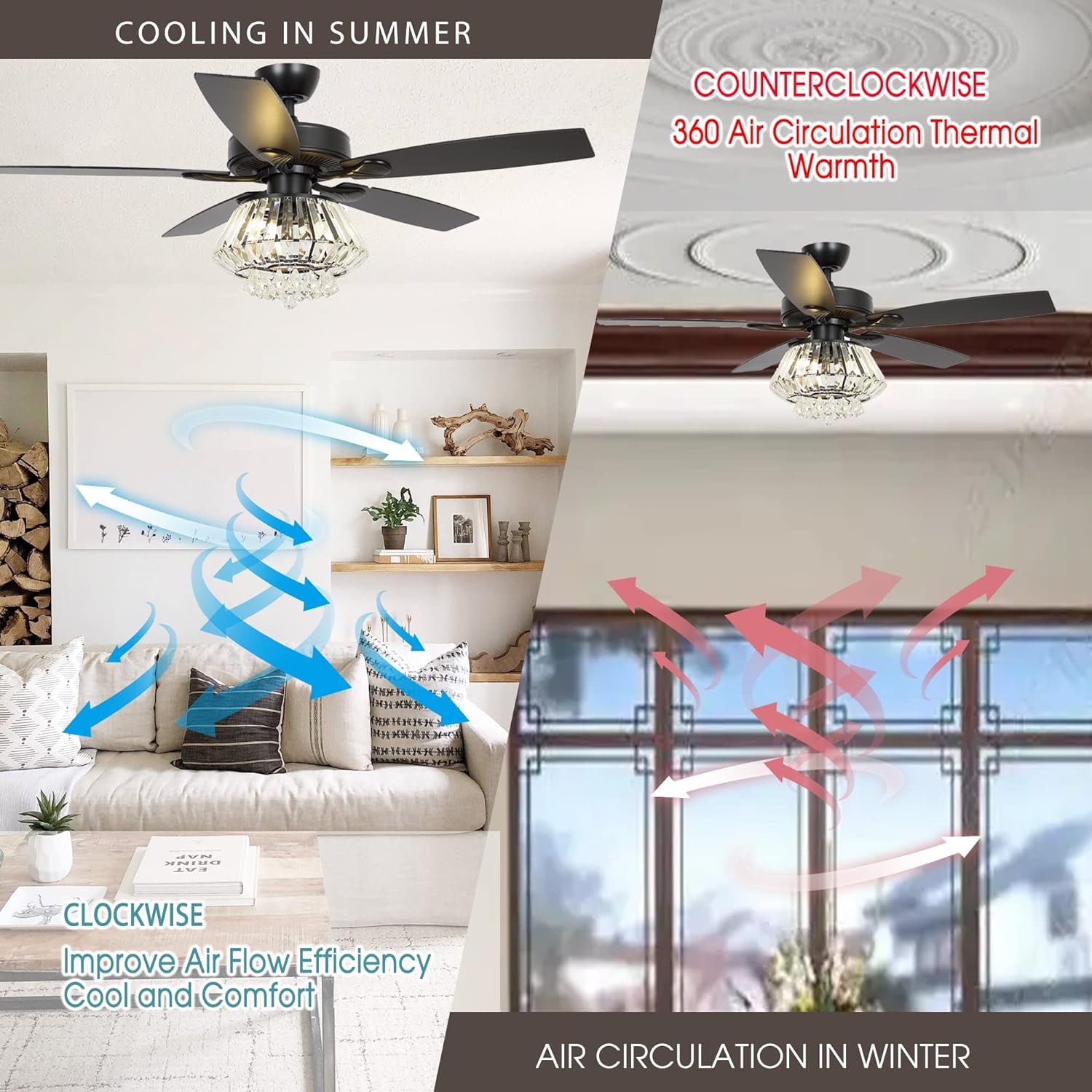 Parrot Uncle Ceiling Fan with Remote Control 52 inch Diamond Crystal Chandelier Fan with Light 5 Reversible Blades Ceiling Fan, 3 Bulbs Not Included, Black