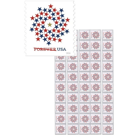 Blue Postage Stamp - Patriotic Spiral Strip of 50 USPS Forever Postage Stamps Red White Blue Stars (50 Stamps)