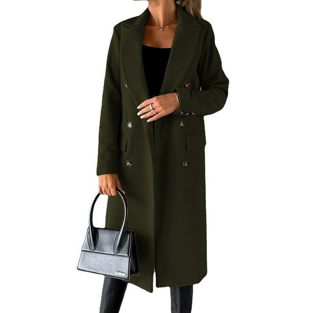 Womens Long Wool Coat Double Breasted Trench Coat Fall Winter Clothes Green S