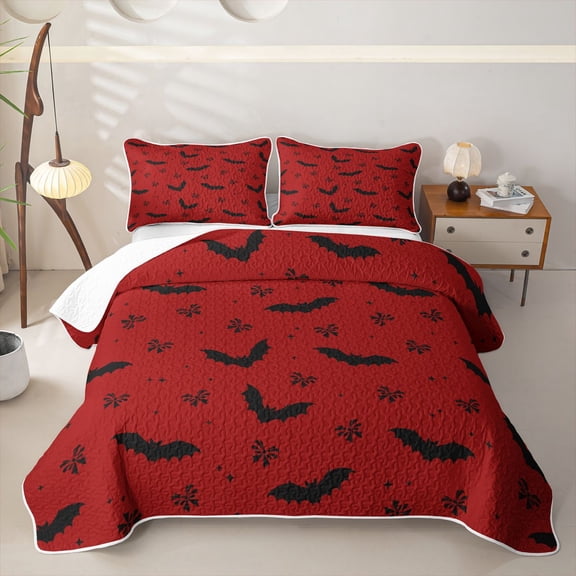 Homewish Simple Halloween Bat Twin Quilt Set,Tiny Bow Print Twin Coverlet Set,Red Black,2-Piece