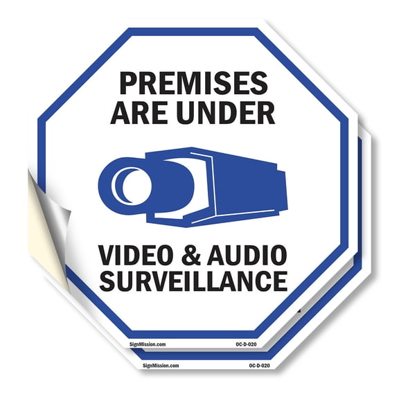 Premises Are Under Video & Audio Surveillance (2 Pack) 10 inch X 10 inch Octagon Vinyl Label Decal Sticker Weather Resistant, UV Protected for Workplace, Made in the USA