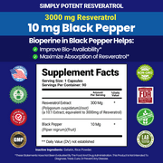 Simply Potent Resveratrol Antioxidant with Brain Support, Heart Health & Digestive Support 90 Capsules, 3000mg