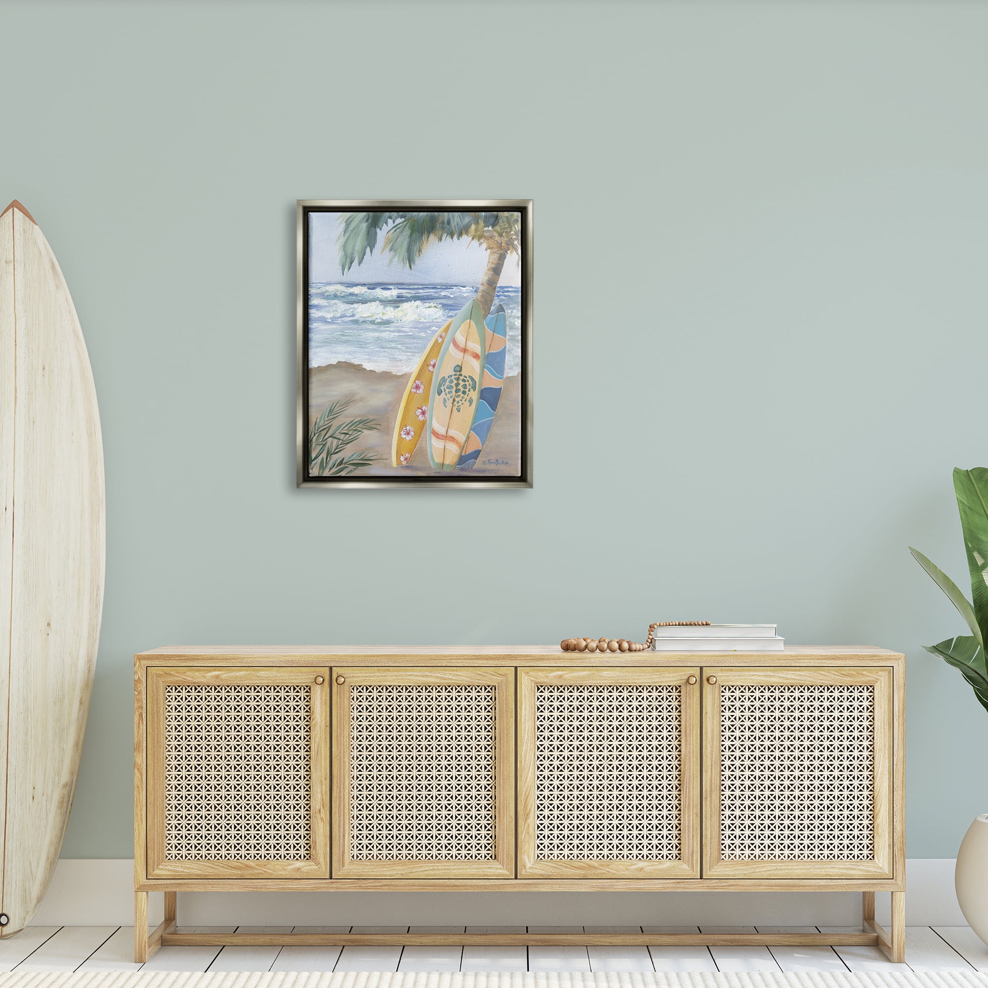 Stupell Fun Summer Surfboards Leaning Palm Tree Landscape Painting Gray Floater Framed Art Print Wall Art