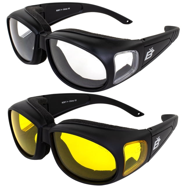 2 Pairs Birdz Swallow Foam Padded Motorcycle Riding Sunglasses Black Frame with Clear & Yellow Lens