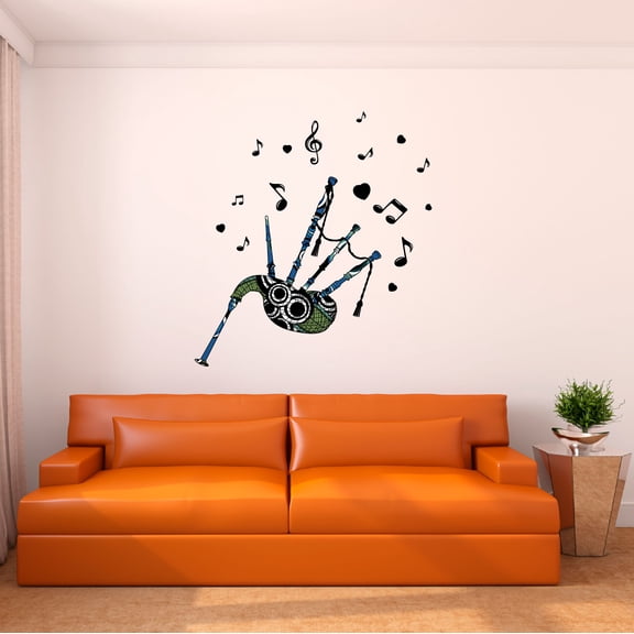 Music Wall Decal Geometric Pattern Bagpipe with Heart and Musical Notes Bedroom Wall Decal for Children Instrument Cute Themed Room Decal - Size: 9 In x 10 In