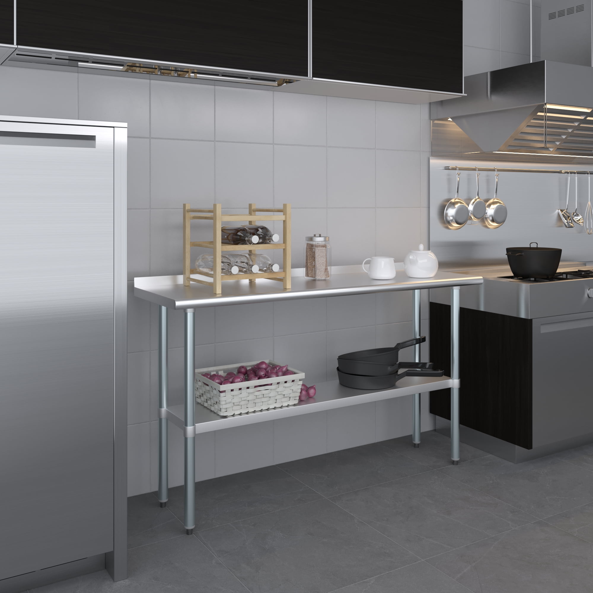 AmGood 18 in. x 60 in. Stainless Steel Work Table with 1.5 in. Backsplash | Metal Kitchen Food Prep Table