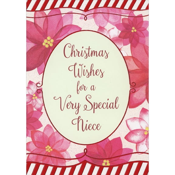 Designer Greetings Christmas Wishes Oval Banner, Large Pink Flowers and Diagonal Striped Borders Christmas Card for Niece