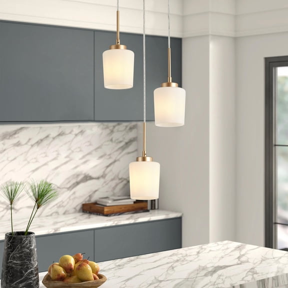3-Light Pendant Light with Gold Accents, White Glass Shade Hanging Ceiling Fixture for Living Room, Dining Room & Bar