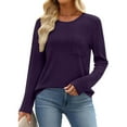 thumbnail image 5 of SYMOID Womens Purple Waffle Knit Top - Relaxed Fit Long Sleeve Crew Neck with Chest Pocket - Casual for Spring & Fall,Size S, 5 of 7