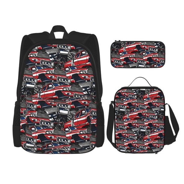 Disketp Red And Blue Cars Mochila Estampada de Gran Capacidad con Lonchera y Estuche, Set de 3 Piezas para Estudiantes