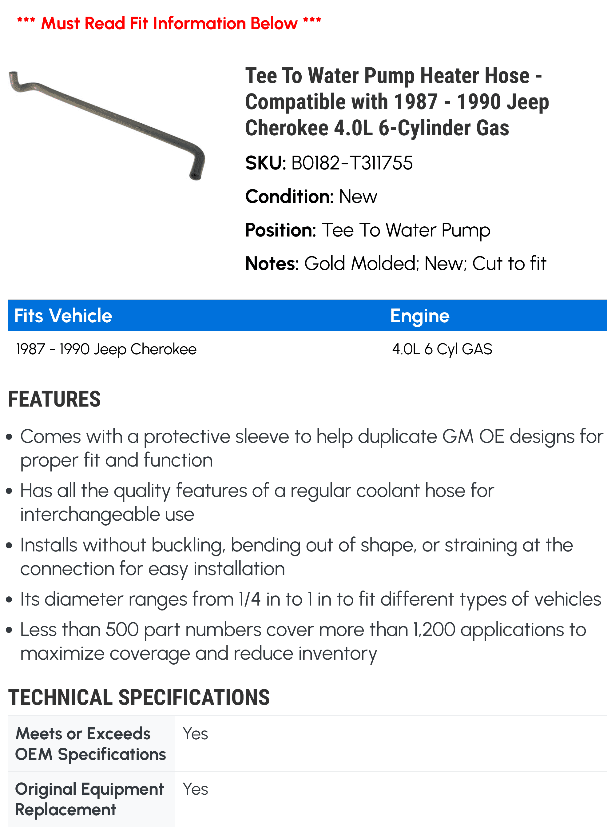 Tee To Water Pump Heater Hose - Compatible with 1987 - 1990 Jeep Cherokee 4.0L 6-Cylinder Gas - AC Delco