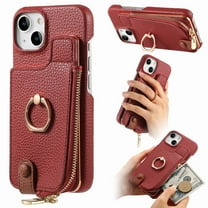 ELEHOLD for iPhone 15 Plus Luxury Leather Wallet Case with Back Flip Card Slots RFID Blocking Zipper Cash Pocket Stand Function Ring Holder Support Magnetic Car Mount Shockproof Case,red