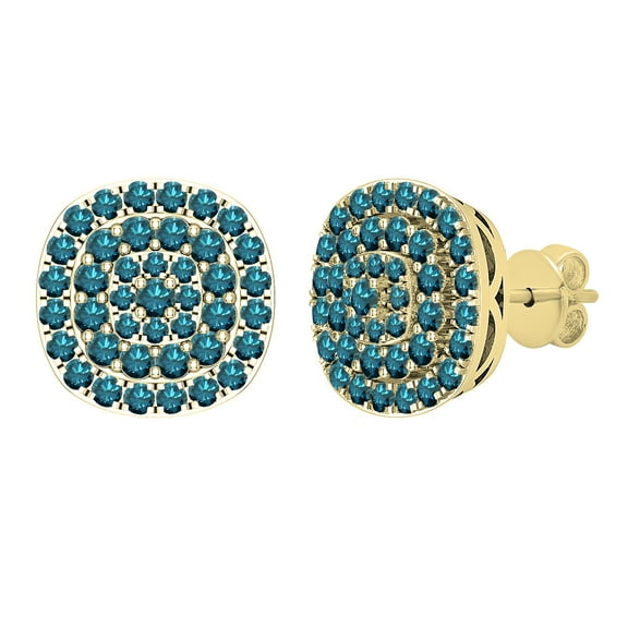 Dazzlingrock Collection Round Blue Diamond Triple Halo Cluster Pushback Stud Earrings for Women (0.95 ctw, Color Blue, Clarity I2-I3) in 18K Yellow Gold