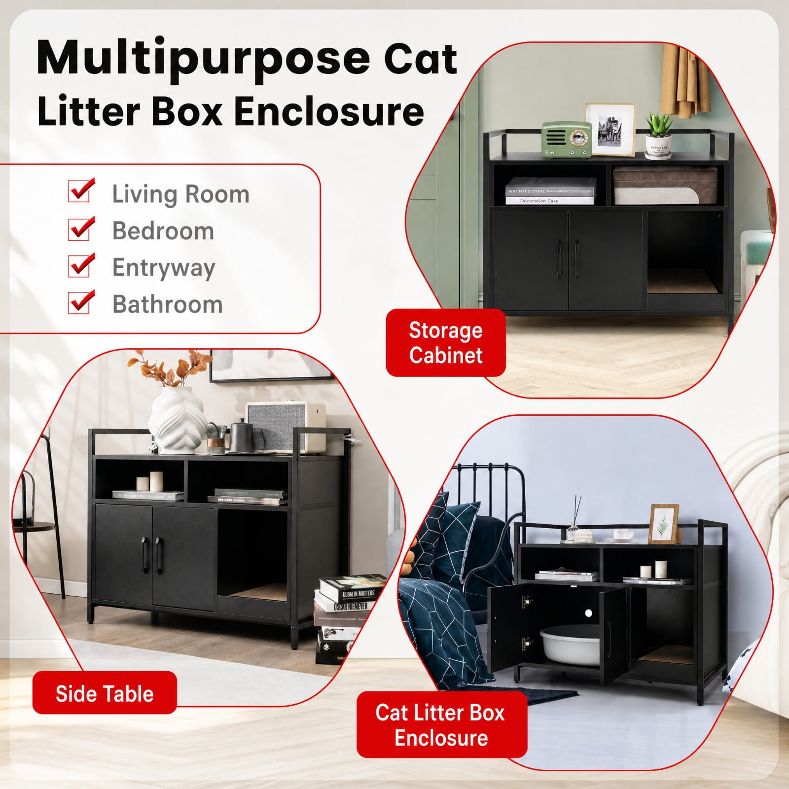 SUGIFT Hidden Cat Litter Box Furniture with Double Doors, Enclosed Cat Washroom Side Table Cabinet with Scratch Cardboard, Black