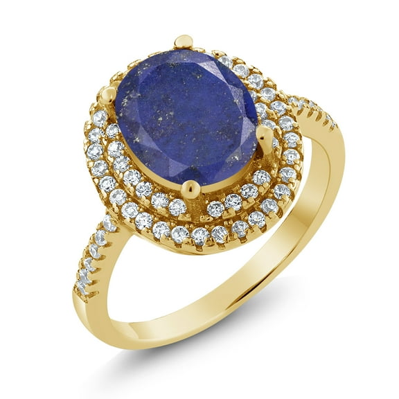 Gem Stone King 2.86 Ct Oval Blue Lapis 18K Yellow Gold Plated Silver Ring (Size 6)