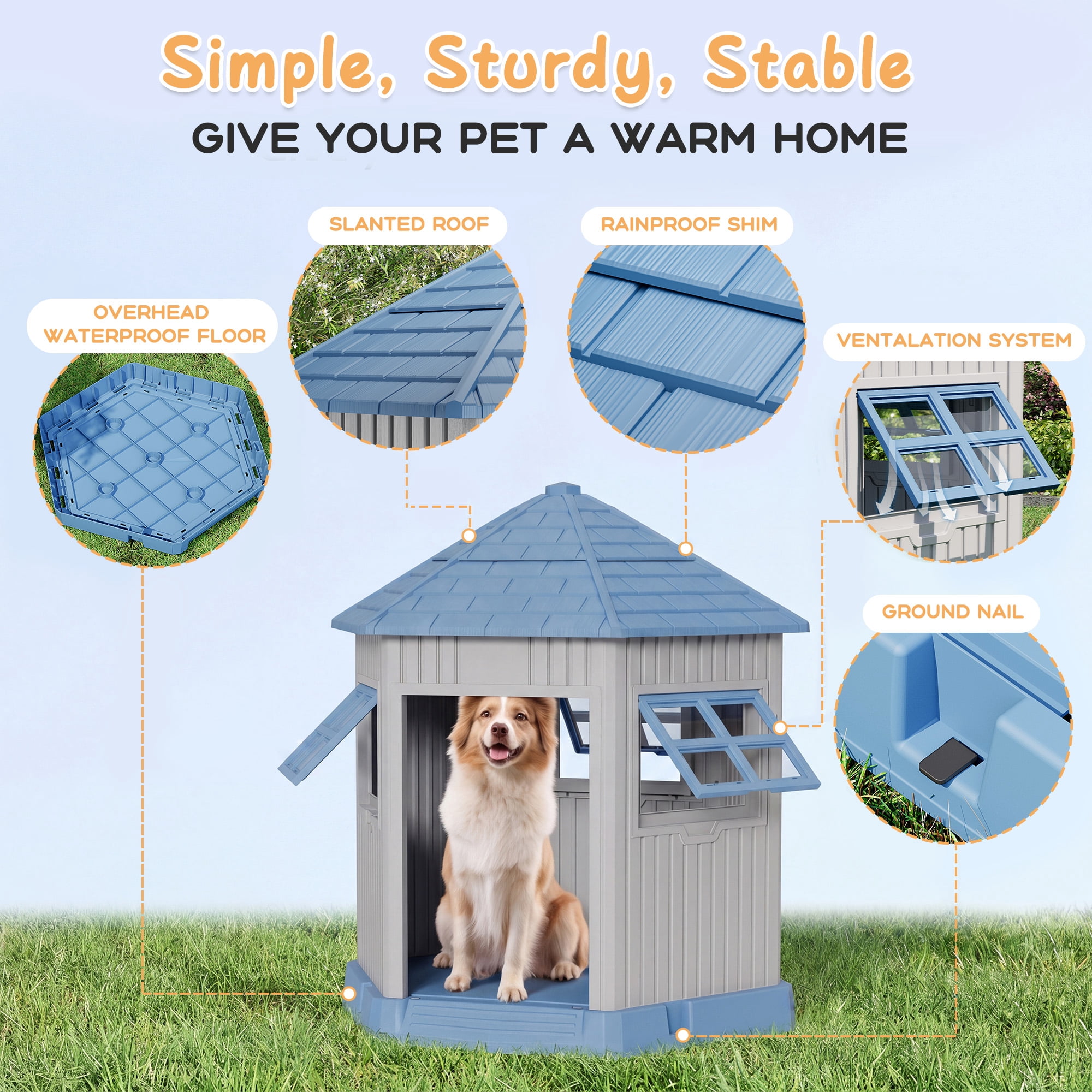 Nihsuao Durable Waterproof Dog House for Medium to Large Dogs, Indoor Outdoor Plastic Kennel with Elevated Floor & Air Vents, Easy Clean & Assemble, Blue, 33.5"L x 29.5"W x 37.4"H