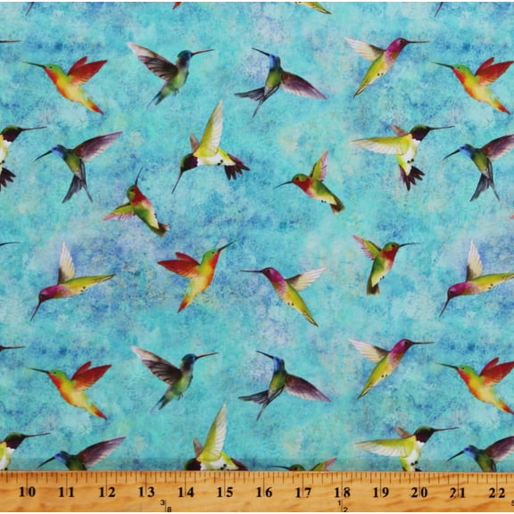 Cotton Hummingbirds Animals Zen Turquoise Cotton Fabric Print by the Yard (Y3763-101TURQUOISE)