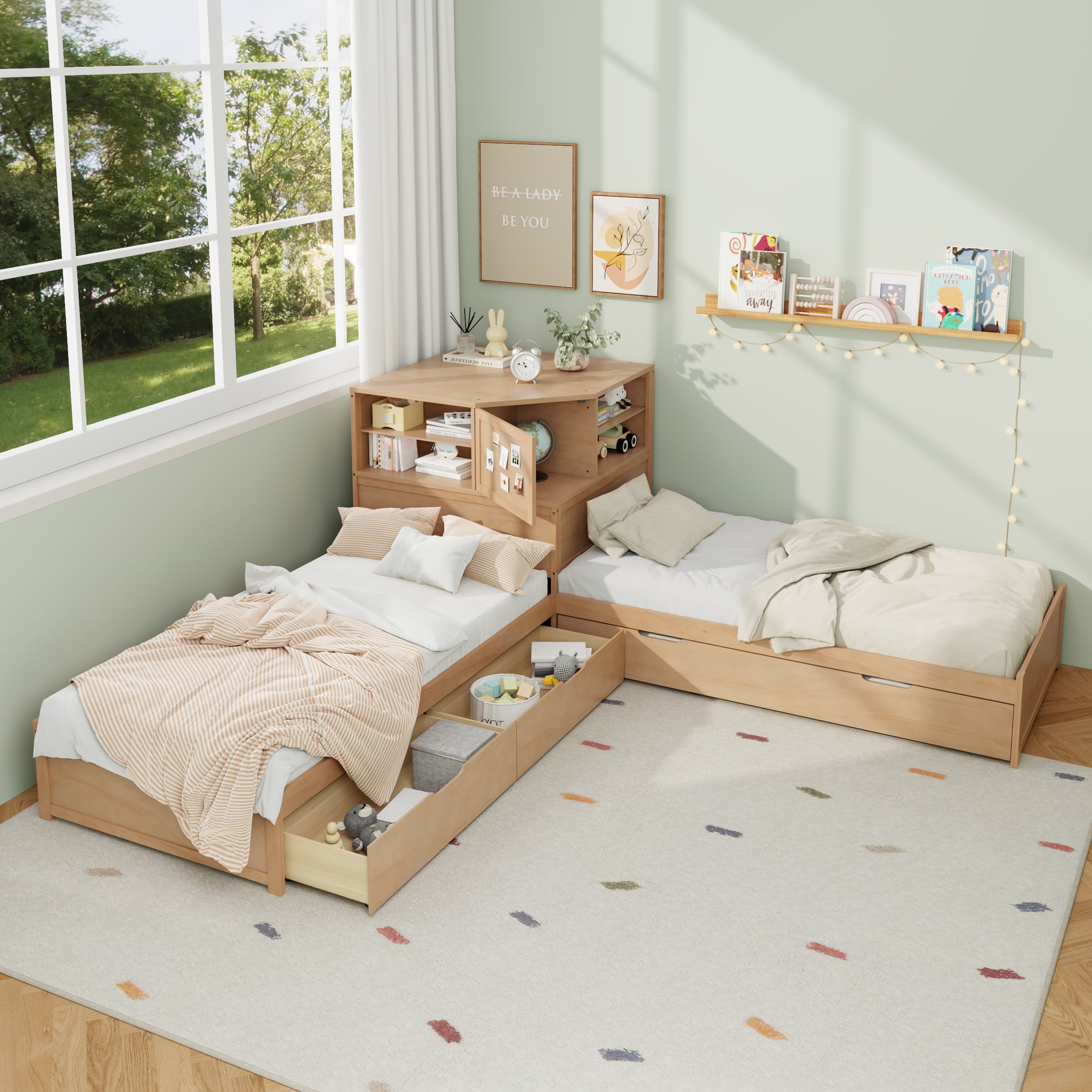 EUROCO Wood L-Shaped Twin Platform Bed with Trundle and Drawers, L Shaped Bed with Desk and LED Light for Kids Teens Bedroom, Natural