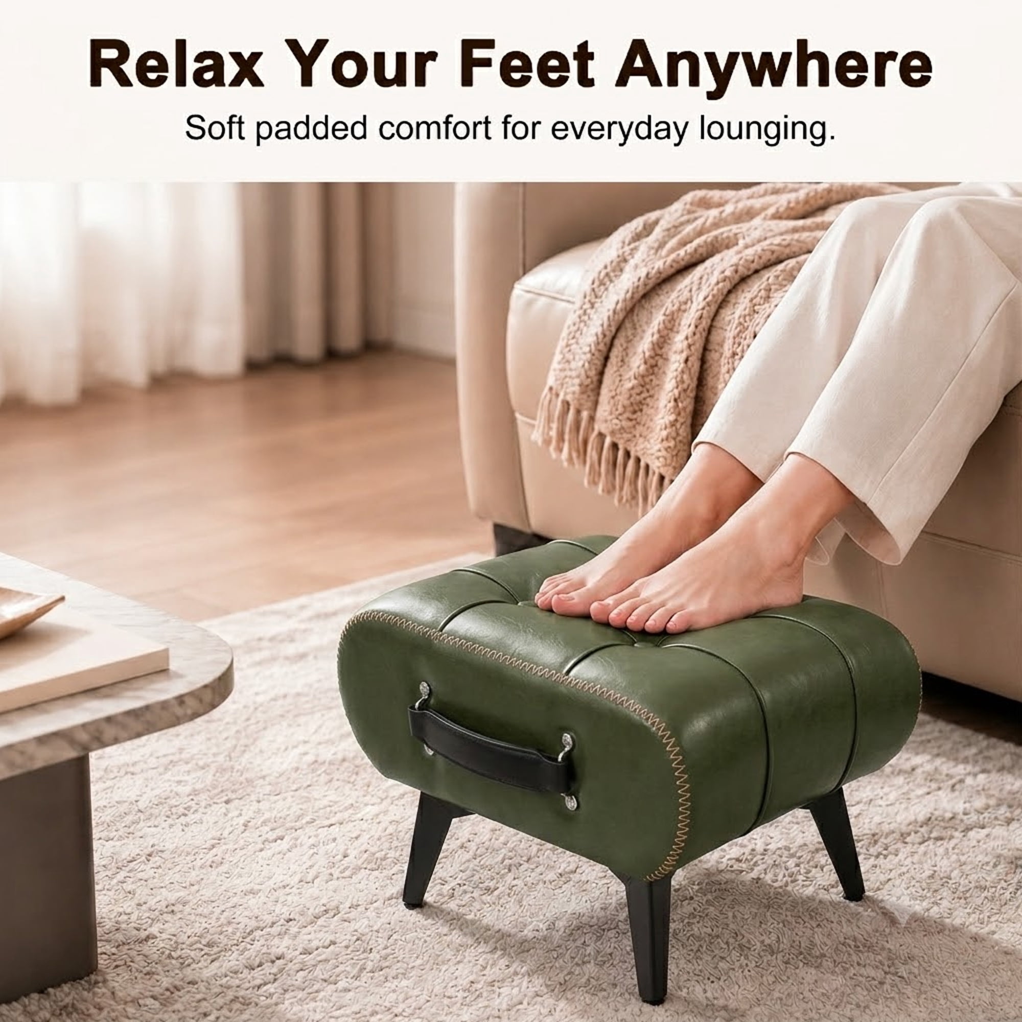 Leumius Modern Leather Stool with Hidden Storage,Portable Handles & Metal Legs,Square Footrest for Living Room,Green