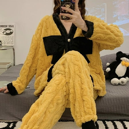 

DanceeMangoo Warm Women Flannel Kimono Pajamas Set Long Sleeve Soft Home Clothes Printing Soft Sleepwear Loungewear Womens Set Pyjamas Set