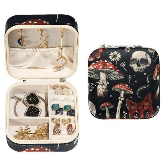 PhooArto Small Jewellery Box, Cat Skull Mushroom Pattern Portable Travel Mini Jewelry Case for Women Leather Ring Organizer