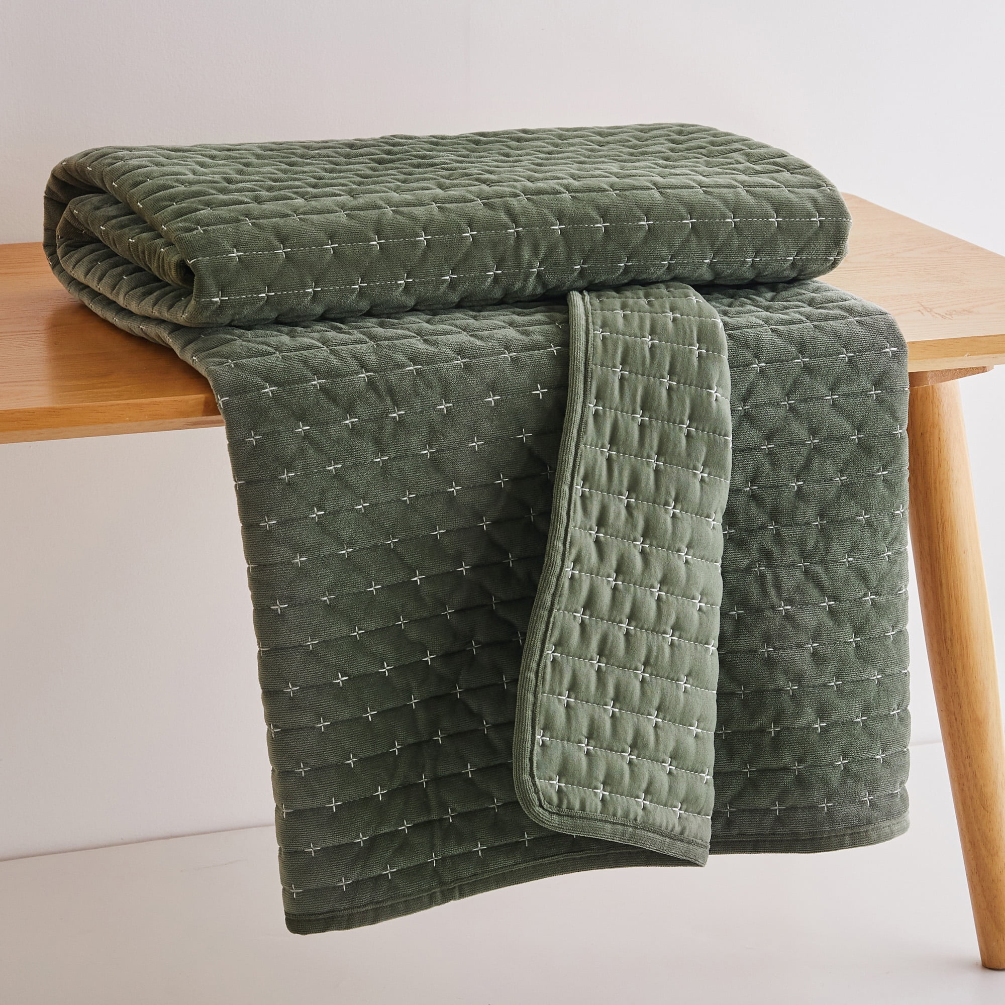 Levtex Home - Velvet Stitch - Throw - Cross Stitch Velvet - Green with White - Quilt (50x60in.) and Sham 50x60in. - Polyester