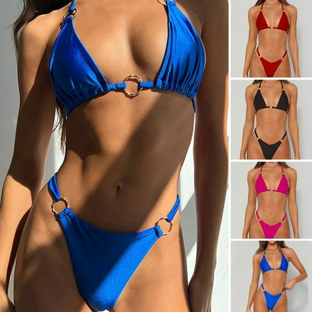 Guiexla 2 Pcs/Set Women Bikini Set Three-point G-string High Waist Low-cut Halter Neck Swimming Solid Color Summer Vacation Lady Swimsuit Water Sports Clothes