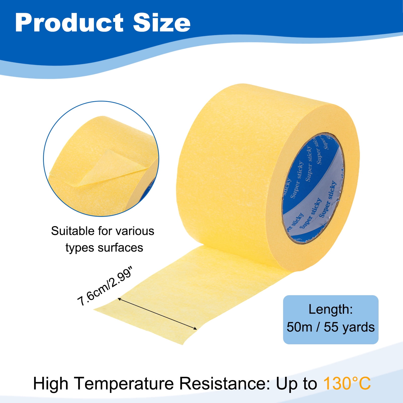 Uxcell Painters Tape, High Temperature Resistant Paint Masking Tape Adhesive for Wall Painting Craft Arts Decoration Drafting Yellow 2.99 Inch x 55 Yards