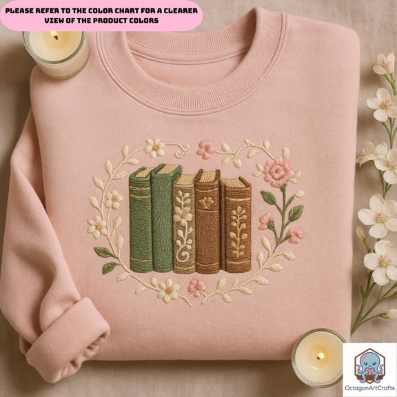 Cottagecore Book Stack Embroidered Sweatshirt, Book Lover Gift Shirt, Floral Book Lover Gift, Aesthetic Bookworm Sweater