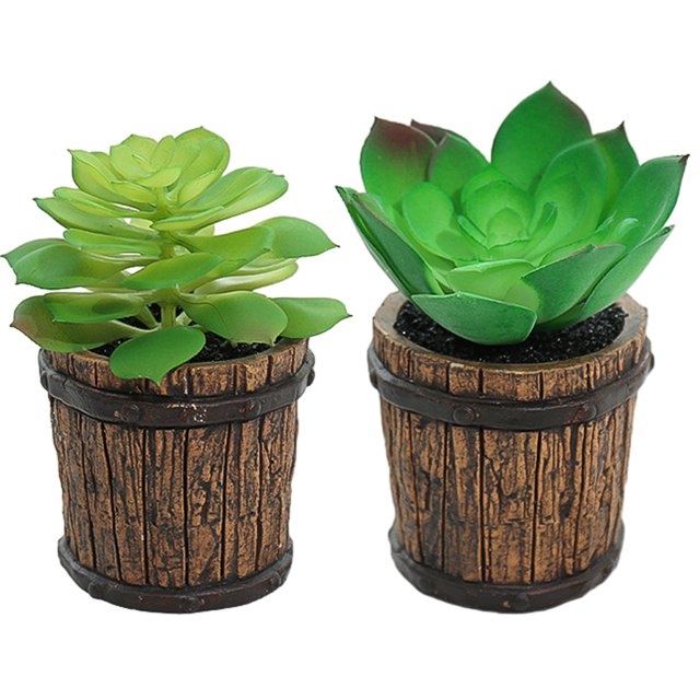 Plantas en macetas suculentas de simulación, barriles de madera, macetas de cemento, flores falsas, adornos creativos, plantas verdes artificiales, 2 uds.