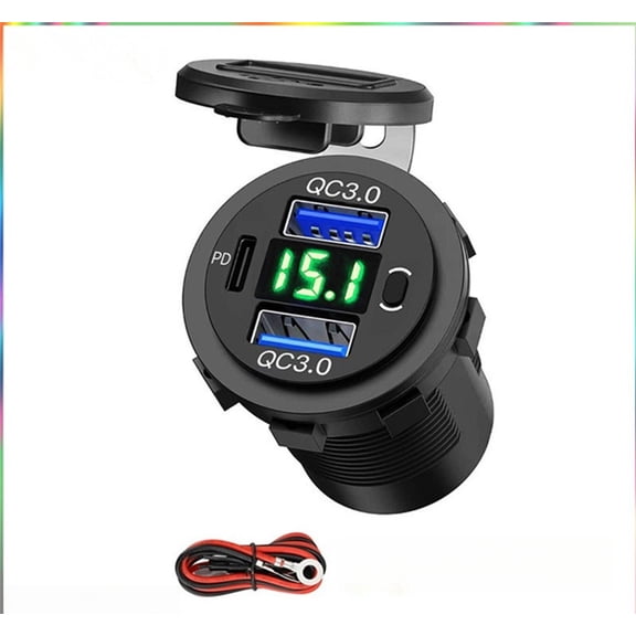 Vruelia 12V USB Outlet Dual Quick Charge with Voltmeter and Power Switch, Multifunction USB Charger Adapter for Car Marine Truck