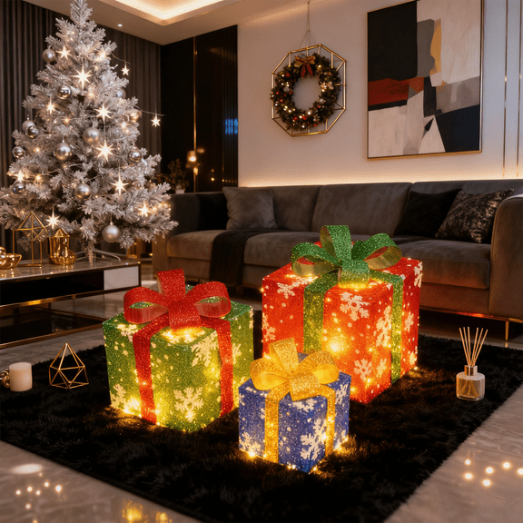 Set of 3 Christmas Lighted Gift Boxes,Different Sizes Snowflake Light Up Present Box Ornament with Bowknot,8 Modes Pre lit Presents Christmas Boxes for Indoor Outdoor Holiday Xmas Decorations