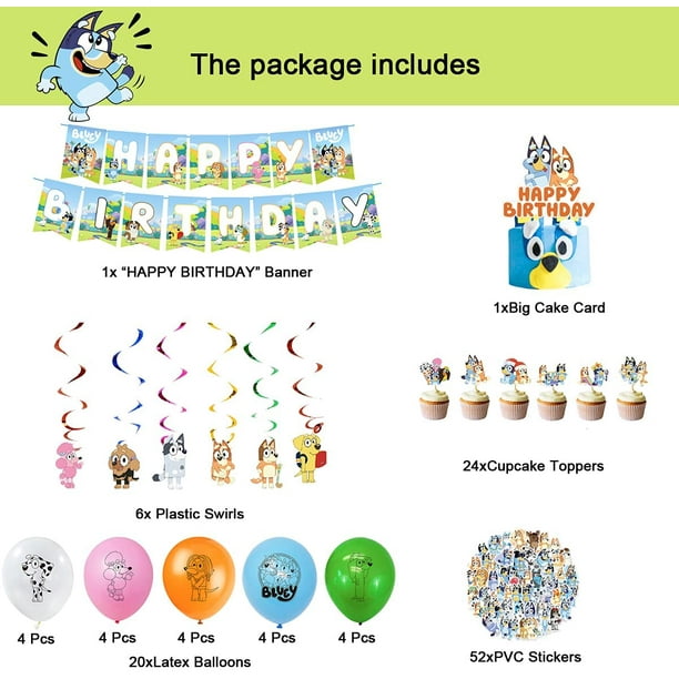 Bluey Birthday party supplies ，HTOOQ 104 Pcs Bluey and Bingo Birthday Party  Decorations Set includes happy birthday banner， cake topper ，balloons ，PVC  stickers for kids birthday decorations 