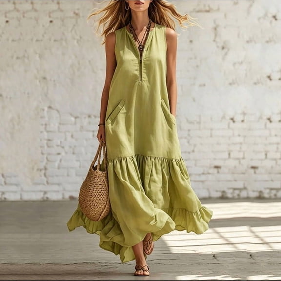 Ihhxva Women's Cotton V-Neck Sleeveless Solid Maxi Sundress with Pockets Stretchy Summer Loose Fit S-2XL