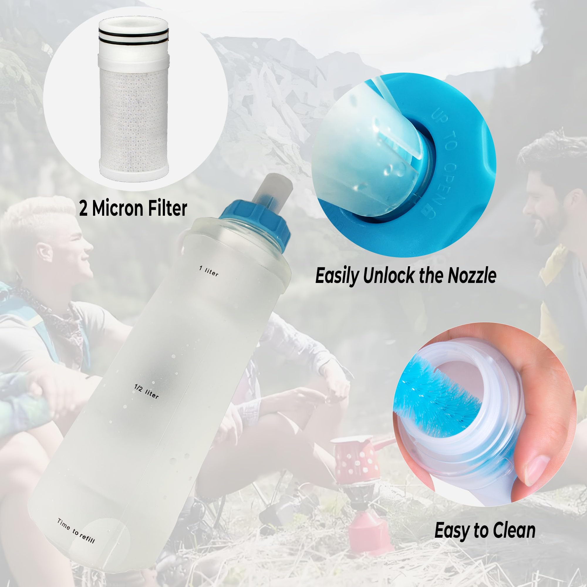 AFISHTOUR Soft Flask with Filter, 1000ml BPA-Free Collapsible Soft Water Bottle with Filter for Trail Running, Hiking, Cycling, Fishing, Travel