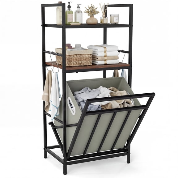 Gymax 2-Tier Laundry Hamper w/Tilt-out BasketLaundry Sorter w/4 Hooks & Removable Bag