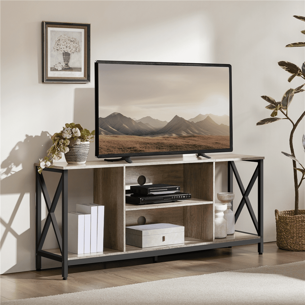 Alden Design 60-inch Industrial TV Stand with Storage, Distressed Gray
