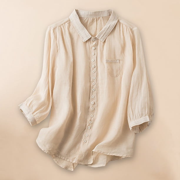 Ichuanyi liquidación de mujeres color de moda casual mangas largas botones camiseta de lino blusa blusa ICHUANYI WER2023082206222