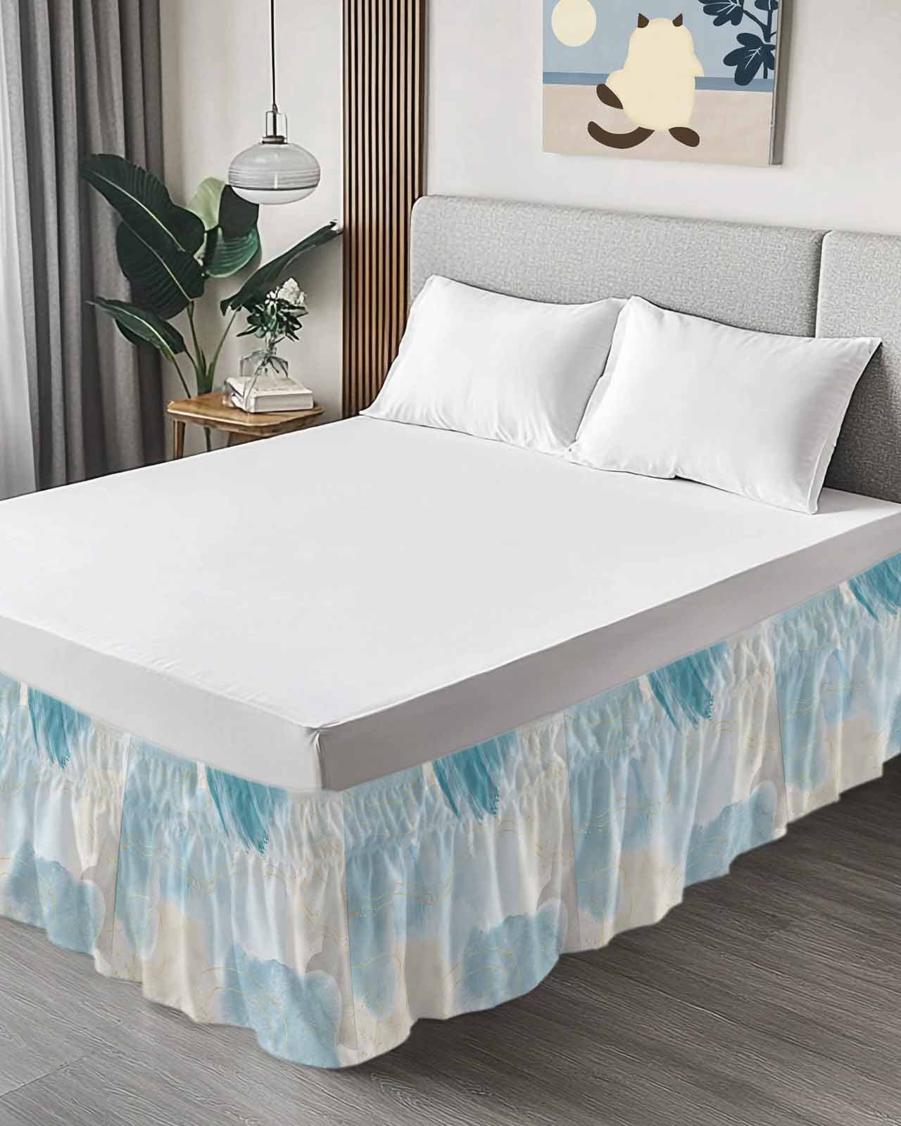 Teal Ombre Marble Wrap Around Bed Skirts for King Bed 16" Drop,Bed Skirt with Adjustable Elastic Belt Dust Ruffle Bed Valance for Bedroom Hotel Yellow Modern Geometric Abstract Art Bed Frame Cover