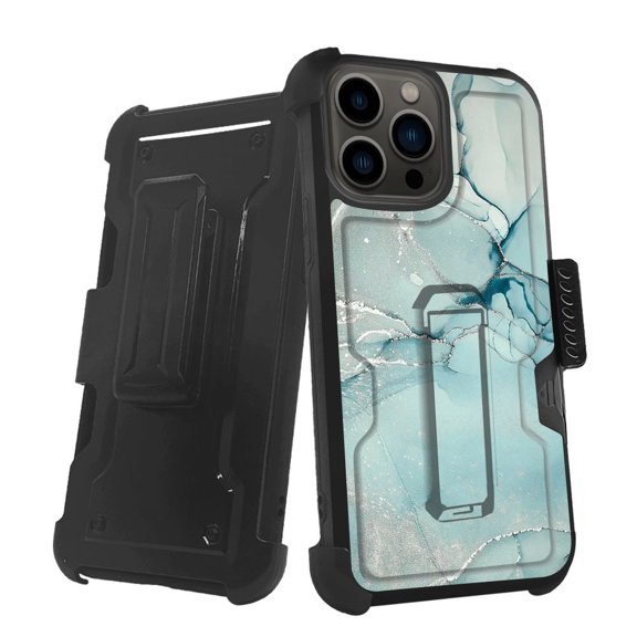 ANJ  Rugged Shockproof Holster Case w/Card Slot, Kickstand   Tempered Glass for iPhone 13 Pro (6.1") - Green Marbling
