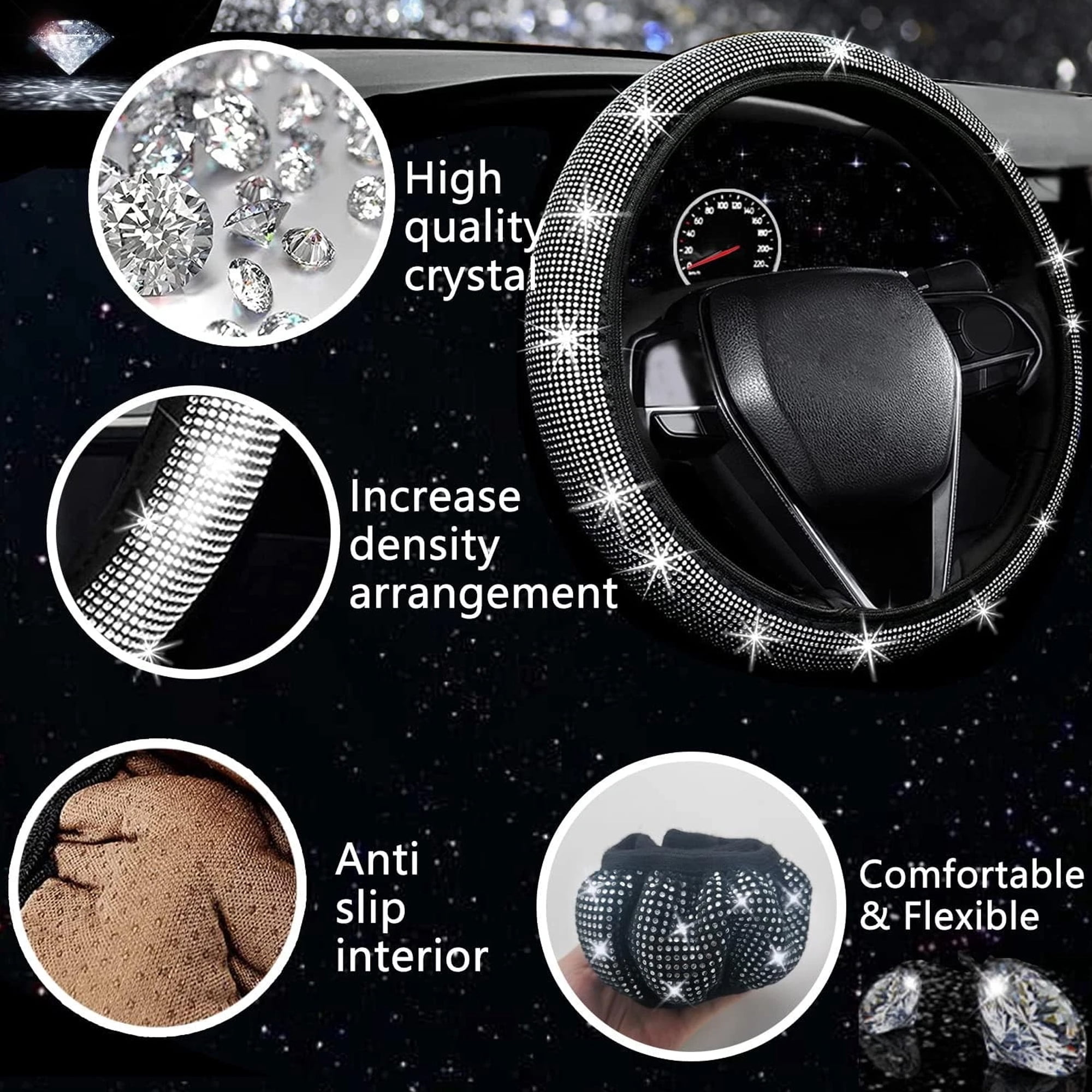 AIRKOUL 27 Pcs Bling Car Accessories Set for Women, 15 Inch Steering Wheel Covers, Universal Reinestone Vehicle Decorations, Black
