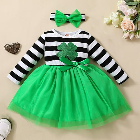 

Cathalem Easter Dress for Girls Size 6 Infant Girls Child St. Patric.k s Day Long Sleeve Stripe Prints Tulle Cat Dress for Girls Green 4-5 Years