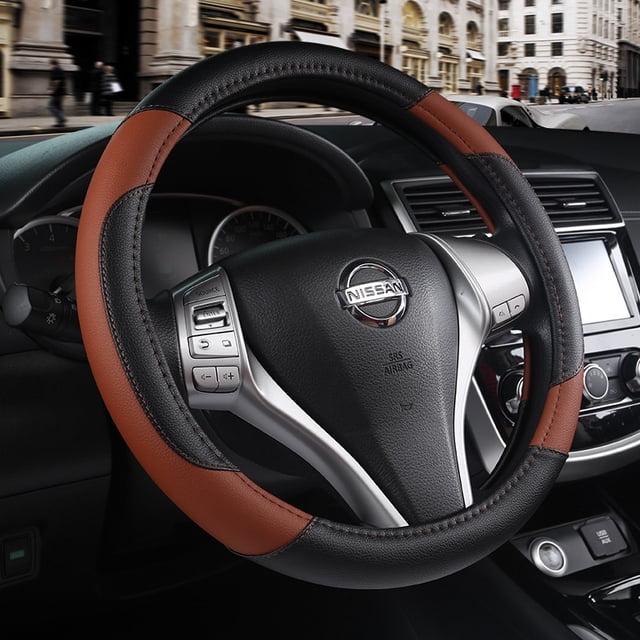 Leather Car Steering Wheel Cover, Non-Slip Car Wheel Cover Protector Breathable Microfiber Leather Universal Fit for Most Cars, Coffee 38cm