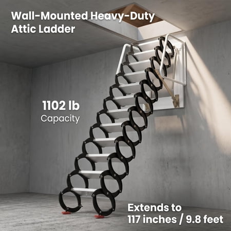 Wall Mounted Attic Ladder, 118in Max Height Foldable Alloy Stair, Slip Resistant Heavy Duty Access Stair, Hidden Wall Mount Retractable Stair for Indoor Outdoor Temporary Passage