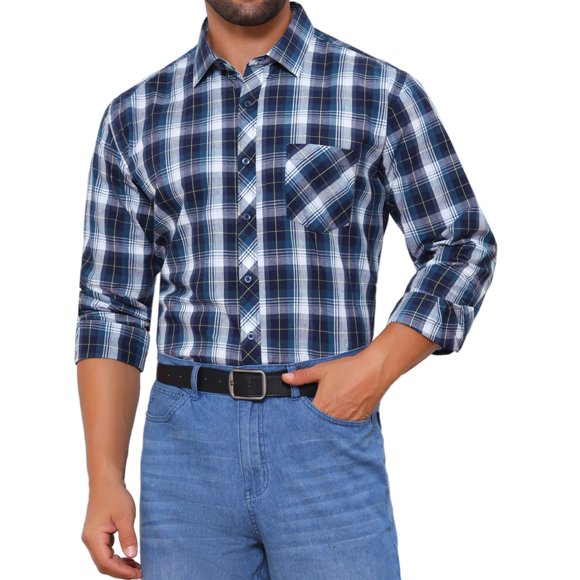 CAMISA DE VESTIR DE MANGA LARGA A CUADROS PARA HOMBRE INSPIRAR CHIC, CON COLLAR PUNTA Y BOTONES, ESTILO A CUADROS, COLOR AZUL MARINO Y NEGRO